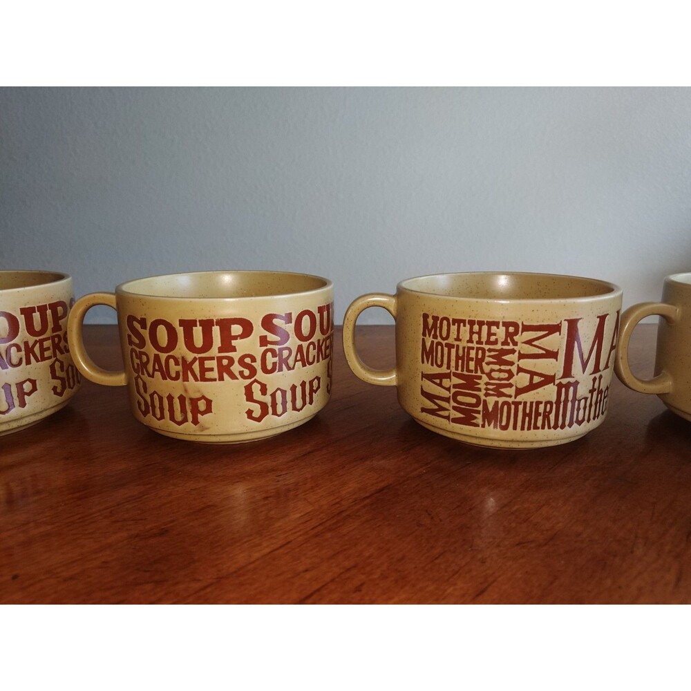Lot 4x Vintage 1970’s Soup & Crackers Mom Dad Speckled Stoneware Mugs Japan Tan - Picture 4 of 15